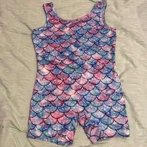 3T-4T gymnastics leotard, boy shorts style. Mermaid print with sparkles.